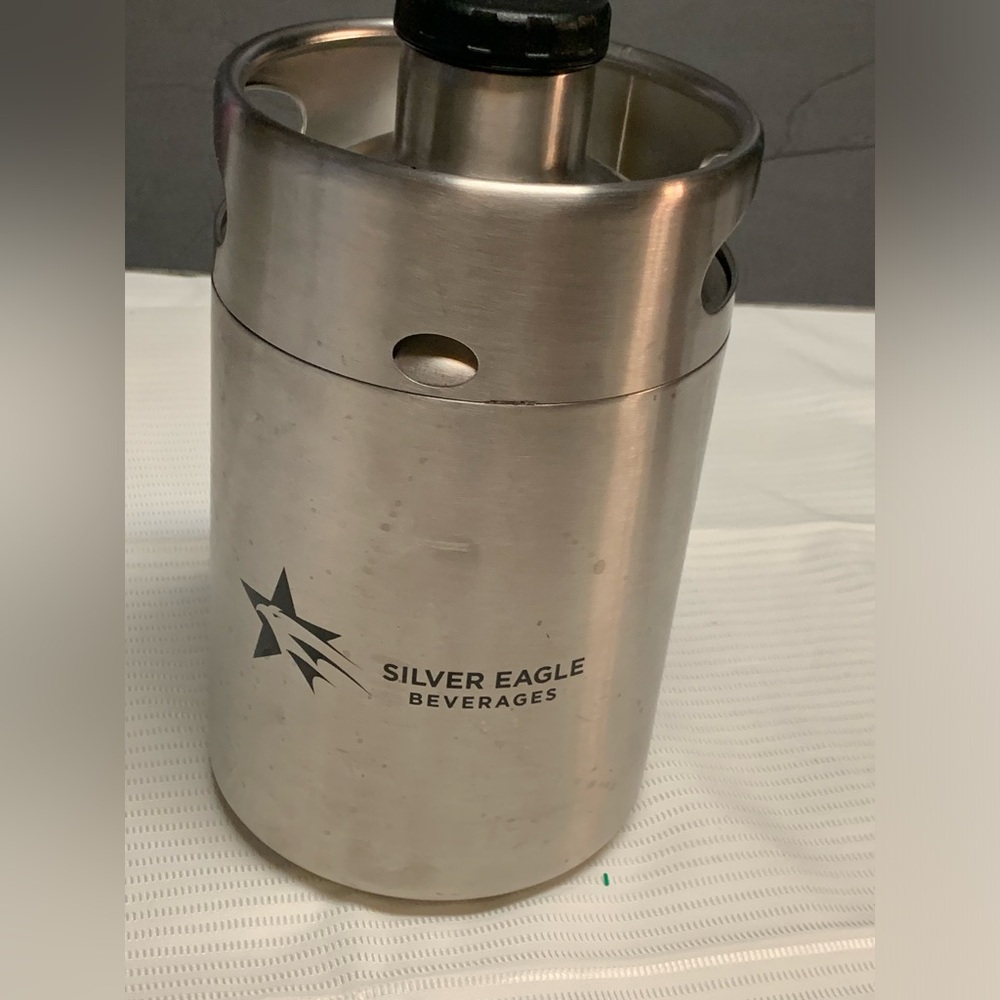 Mini Keg. Silver Eagle 2 Liter 64 Oz Stainless Steel. Twist off cap.